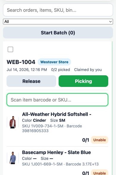 Responsive Snap Retail Metrics picking view showing claimed demo order WEB-1004 with two Shopify product photos and a barcode scan field
